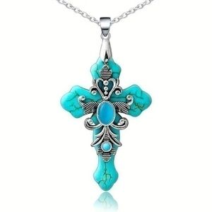 Blue Turquoise Cross Pendant With Chain
